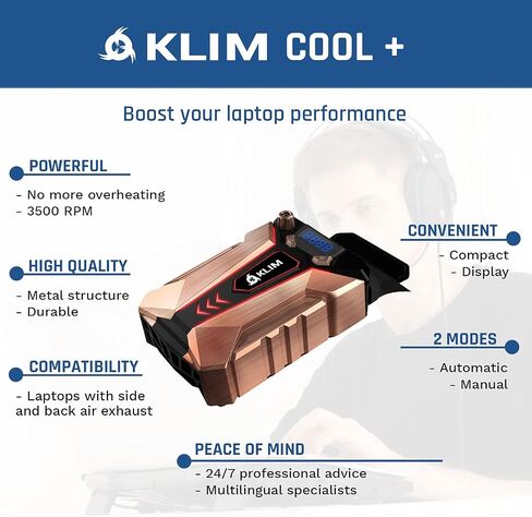 KLIM Cool Laptop Cooler with Vacuum Fan - New Version 2024 - Gaming Laptop Fan with Display - Temperature Detection + Automatic/Manual Mode - Portable - Compatible with Laptop Cooling Pads - Blue in Saudi Arabia