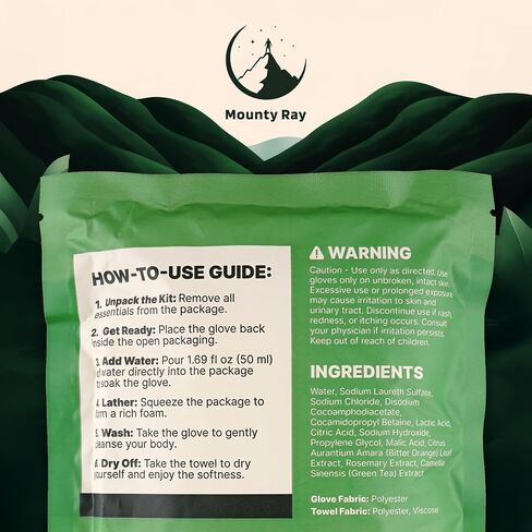 Personal Rinse Free Bath Sponge Kits (Pre-Soaked Shower Glove & 2 XL Towels) -3-Pack - Body Wash for Camping - Rinse-Free Bath Sponges - Water is Not Included in Saudi Arabia