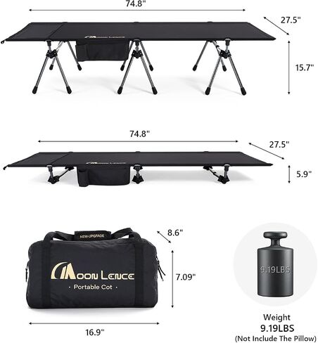قمر Lence Hight Camping COT - يدعم 330 رطلاً ، وسريرًا قابلًا للطي محمولًا مع تمديد الساق للتخييم ، والمشي لمسافات طويلة ، والنوم ، وحزمة واحدة ، والأسود in Kuwait