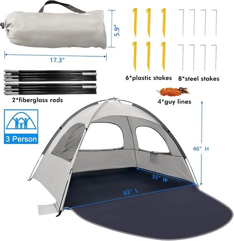 Whitefang Beach Tent Anti-UV Sun Sun Shower Shelter لمدة 3/4/6/8 شخص ، أرضية قابلة للتمديد مع 3 نوافذ شبكية بالإضافة إلى أكياس حمل وخطوط الرجل in Kuwait
