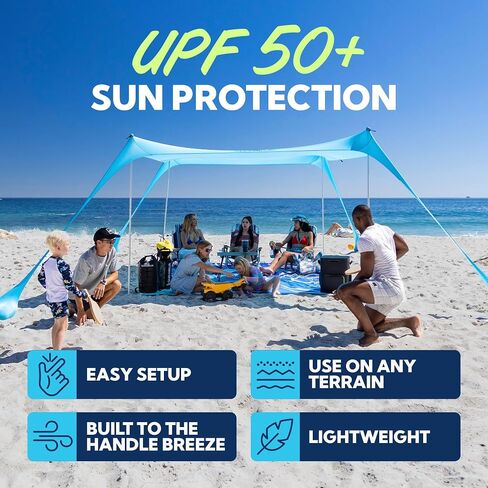 SUN NINJA Beach Tent Sun Shelter, Beach Shade Canopy with UPF50+ Protection | Beach Canopy Tent Sun Shade, Cabana Includes Carry Bag, Sand Shovel, Ground Pegs, 4 Poles & Anchor Bags in Saudi Arabia