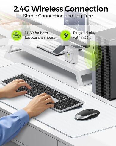 Wireless Keyboard and Mouse Combo - Full Size Slim Thin Wireless Keyboard Mouse with Numeric Keypad 2.4G Stable Connection Adjustable DPI (White & Silver) in Saudi Arabia