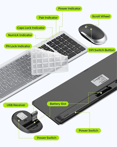 Wireless Keyboard and Mouse Combo - Full Size Slim Thin Wireless Keyboard Mouse with Numeric Keypad 2.4G Stable Connection Adjustable DPI (White & Silver) in Saudi Arabia