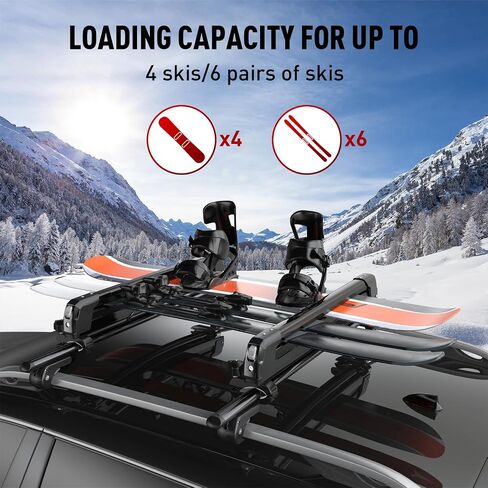 Ski & Snowboard Roof Rack Cross Bars - Car Roof Rack Holds 6 Pairs of Skis or 4 Snowboards, Lockable & Secure Transport, Universal Fit for Most Crossbars in Saudi Arabia