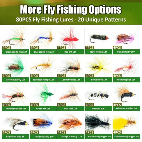 80 pcs ydiudl 3rd gen fly flies flies kit - الذباب الجاف المرتبط يدويًا بالتراوت والباس والسلمون وسمك الأسماك - أشكال شبيهة بالحياة ، سحر لصيد ذبابة المياه العذبة في الأنهار والبحيرات in Kuwait