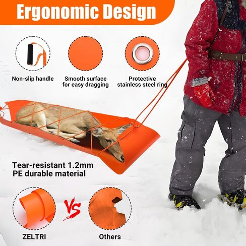 Deer Drag Sled - 1.2mm Thickened Tear-Resistant, 550Lbs Load Capacity Multi-Purpose Deer Cart with Non-Slip Handle for Hauling Hunter Trophies and Discarded Debris on Snow, Sand, Mud, Grass in Saudi Arabia