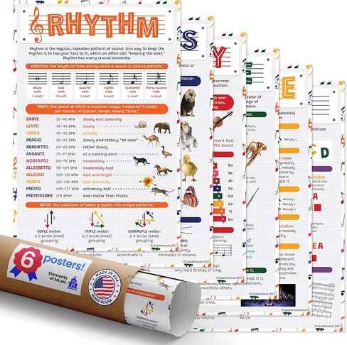 Quarterhouse Elements of Music Poster Set, Music (Band, Orchestra, and Choir) Classroom Learning Materials for K-12 Students and Teachers, Set of 6, 12x18", Extra Durable in Saudi Arabia