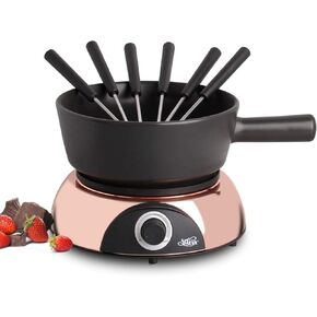 Artestia Electric Fondue Pot 2-QT 1500W ، مجموعة فوندو سويسرية ثنائية الاستخدام لذوبان الجبن والشوكولاتة ، والتحكم في درجة الحرارة القابلة للتعديل ، وعاء خزفي أبيض مع قاعدة من الذهب الوردي وشوكات 6 in Kuwait