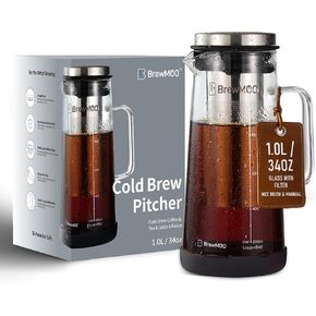 Brewmoo- Airtight Cold Brew Coffee Maker Pitcher ، 1.4l/48oz قافاة زجاجية سميكة مع مرشح ، مقبض متين الراحة وربوبة واسعة ، قاعدة غير قائلة | صانع الشاي المثلج (أسود) in Kuwait