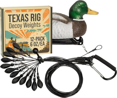 Texas Rig Decoy Weights (12-pack/48in/6oz) | Stealth Black Tangle-Free Anchors, Heavy-Duty Rustproof Stainless-Steel Cables, Compatible with Goose & Duck Decoys for Waterfowl Hunting in Saudi Arabia
