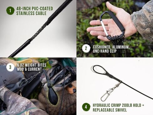 Texas Rig Decoy Weights (12-pack/48in/6oz) | Stealth Black Tangle-Free Anchors, Heavy-Duty Rustproof Stainless-Steel Cables, Compatible with Goose & Duck Decoys for Waterfowl Hunting in Saudi Arabia