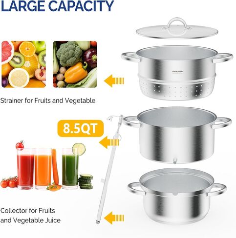 Rovsun 8.5 Quart Juice Steamer Steflible Steel ، Fruact Fruit Fruit Veatables Pott But ، W/Clamp Clamp Clamp ، مقابض حلقة ، مثالية لصنع العصير ، الهلام ، المعكرونة in Kuwait