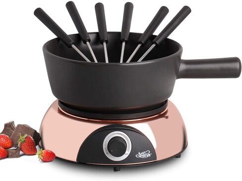 Artestia Electric Fondue Pot 2-QT 1500W ، مجموعة فوندو سويسرية ثنائية الاستخدام لذوبان الجبن والشوكولاتة ، والتحكم في درجة الحرارة القابلة للتعديل ، وعاء خزفي أبيض مع قاعدة من الذهب الوردي وشوكات 6 in Kuwait
