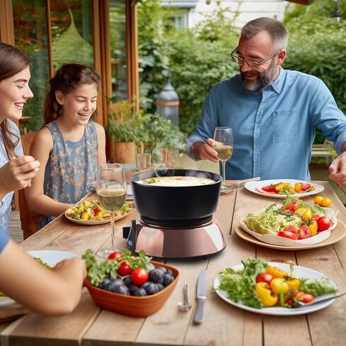 Artestia Electric Fondue Pot 2-QT 1500W ، مجموعة فوندو سويسرية ثنائية الاستخدام لذوبان الجبن والشوكولاتة ، والتحكم في درجة الحرارة القابلة للتعديل ، وعاء خزفي أبيض مع قاعدة من الذهب الوردي وشوكات 6 in Kuwait