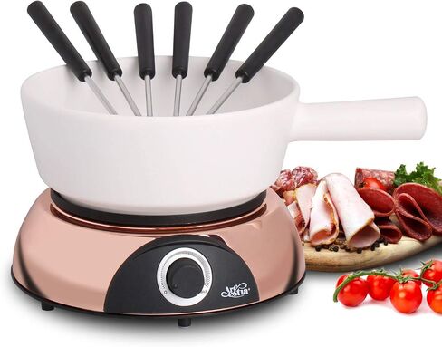 Artestia Electric Fondue Pot 2-QT 1500W, Dual-Use Swiss Fondue Set for Cheese & Chocolate Melting, Adjustable Temperature Control, White Ceramic Pot with Rose-Gold Base & 6 Forks in Kuwait