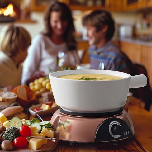 Artestia Electric Fondue Pot 2-QT 1500W, Dual-Use Swiss Fondue Set for Cheese & Chocolate Melting, Adjustable Temperature Control, White Ceramic Pot with Rose-Gold Base & 6 Forks in Kuwait