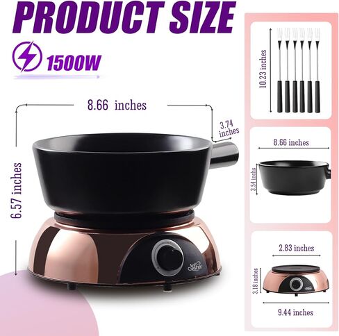 Artestia Electric Fondue Pot 2-QT 1500W ، مجموعة فوندو سويسرية ثنائية الاستخدام لذوبان الجبن والشوكولاتة ، والتحكم في درجة الحرارة القابلة للتعديل ، وعاء خزفي أبيض مع قاعدة من الذهب الوردي وشوكات 6 in Kuwait