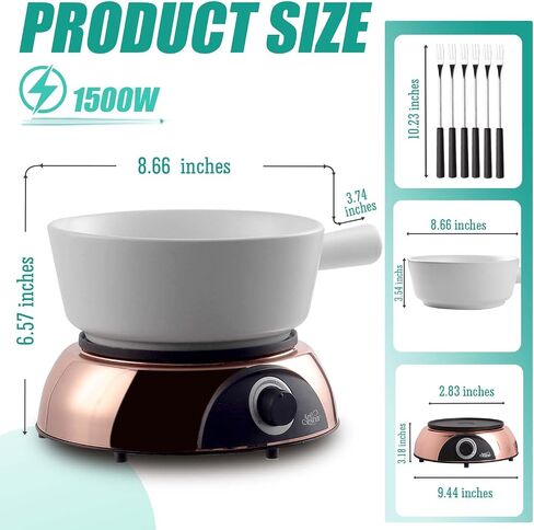 Artestia Electric Fondue Pot 2-QT 1500W, Dual-Use Swiss Fondue Set for Cheese & Chocolate Melting, Adjustable Temperature Control, White Ceramic Pot with Rose-Gold Base & 6 Forks in Kuwait