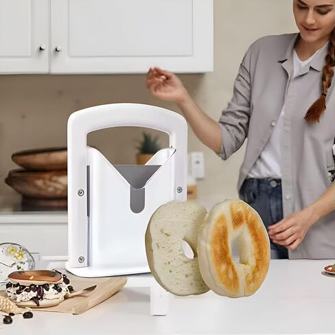“EverDwell Bagel Slicer Guillotine – Adjustable Bagel Cutter with Stainless Steel Blade, Safety Guard & Non-Slip Base – Fits Large Bagels, Rolls & Bread (White)" in Saudi Arabia
