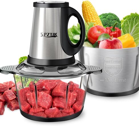Food Processor, 3-Speed Electric Food Chopper with Vegetable Chopper & Meat Grinder - 2 Bowls (8 Cup Stainless Steel+8 Cup Glass), 300W, 2 Sets of 4 Bi-Level Blades for Vegetable/Fruits/Meat in Saudi Arabia