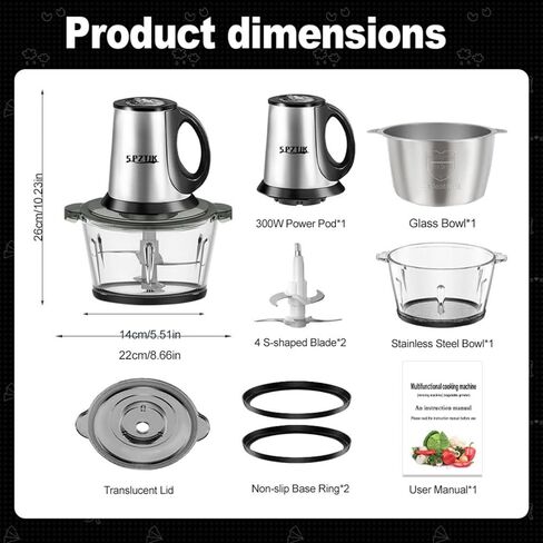 Food Processor, 3-Speed Electric Food Chopper with Vegetable Chopper & Meat Grinder - 2 Bowls (8 Cup Stainless Steel+8 Cup Glass), 300W, 2 Sets of 4 Bi-Level Blades for Vegetable/Fruits/Meat in Saudi Arabia