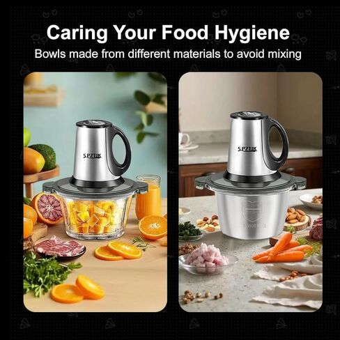 Food Processor, 3-Speed Electric Food Chopper with Vegetable Chopper & Meat Grinder - 2 Bowls (8 Cup Stainless Steel+8 Cup Glass), 300W, 2 Sets of 4 Bi-Level Blades for Vegetable/Fruits/Meat in Saudi Arabia