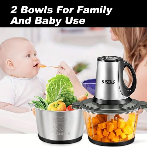 Food Processor, 3-Speed Electric Food Chopper with Vegetable Chopper & Meat Grinder - 2 Bowls (8 Cup Stainless Steel+8 Cup Glass), 300W, 2 Sets of 4 Bi-Level Blades for Vegetable/Fruits/Meat in Saudi Arabia