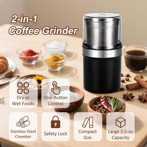Spice Grinder, 200W Powerful Electric Coffee Bean Grinder with 2 Removable Stainless Steel Bowls, 100g Capacity Large Capacity for Coffee Bean Spices and Seeds in Kuwait