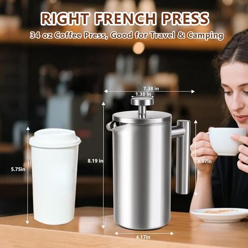 French Press 34 oz, Full Stainless Steel French Press Coffee Maker 4 Cups, Upgrated Double-Walled Insulated French Coffee Presses, Food Grade Good for Kitchen Camping, Dishwasher Safe 2 More Filters in Saudi Arabia