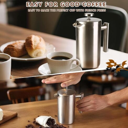 French Press 34 oz, Full Stainless Steel French Press Coffee Maker 4 Cups, Upgrated Double-Walled Insulated French Coffee Presses, Food Grade Good for Kitchen Camping, Dishwasher Safe 2 More Filters in Saudi Arabia