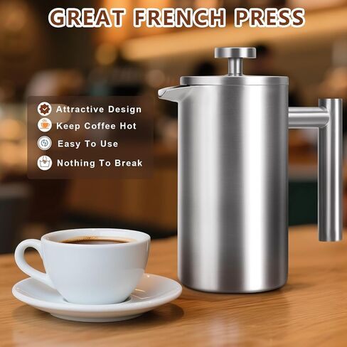 French Press 34 oz, Full Stainless Steel French Press Coffee Maker 4 Cups, Upgrated Double-Walled Insulated French Coffee Presses, Food Grade Good for Kitchen Camping, Dishwasher Safe 2 More Filters in Saudi Arabia