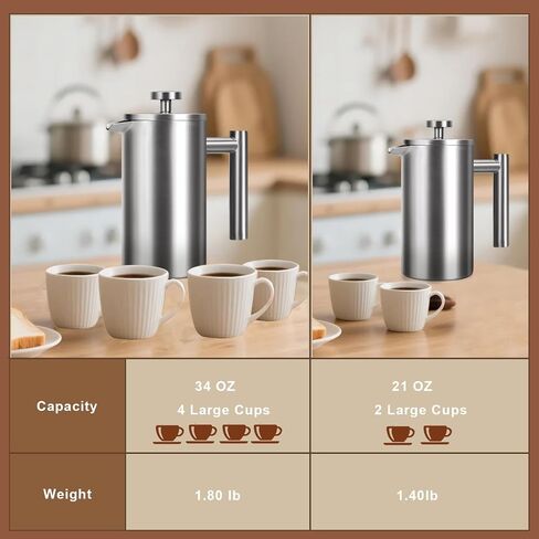 French Press 34 oz, Full Stainless Steel French Press Coffee Maker 4 Cups, Upgrated Double-Walled Insulated French Coffee Presses, Food Grade Good for Kitchen Camping, Dishwasher Safe 2 More Filters in Saudi Arabia