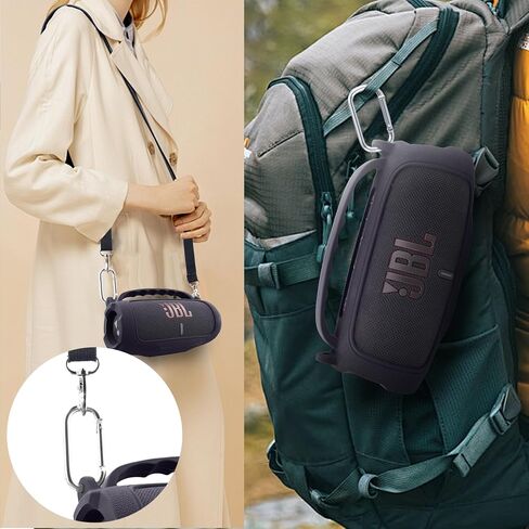 co2CREA Silicone Case for JBL Charge 5 Portable Waterproof Bluetooth Speaker, Portable Travel Soft Cover with Shoulder Strap, Protective Skin Case (Black) in Saudi Arabia
