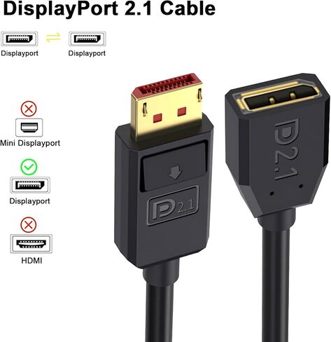 Poyiccot 54Gbps Displayport Extension Cable 1.5FT, 90 Degree Right Angle Displayport 2.1 Male to Female Cable Support for 16K@30Hz, 8K@120Hz, 4K@240Hz 165Hz, HDR, HDCP, Gaming Monitor, TV, Graphics in Saudi Arabia