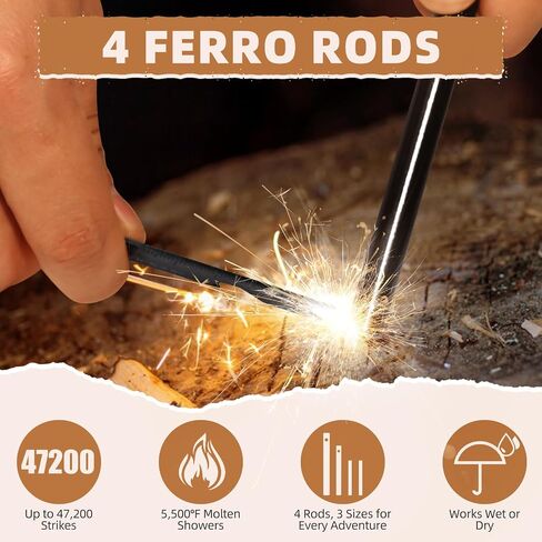 Fire Starter Survival Kit – 4 Ferro Rods (4", 3.2", 2×2.4"), 2 Strikers, 2 Tinder Wicks (13" Each), and 2 Paracords (40“ Each). Flint and Steel Emergency Tool. in Saudi Arabia