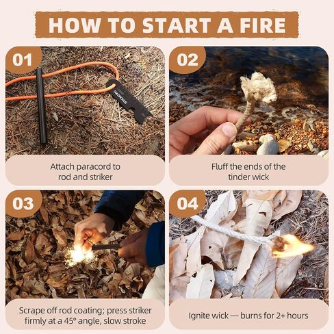 Fire Starter Survival Kit – 4 Ferro Rods (4", 3.2", 2×2.4"), 2 Strikers, 2 Tinder Wicks (13" Each), and 2 Paracords (40“ Each). Flint and Steel Emergency Tool. in Saudi Arabia