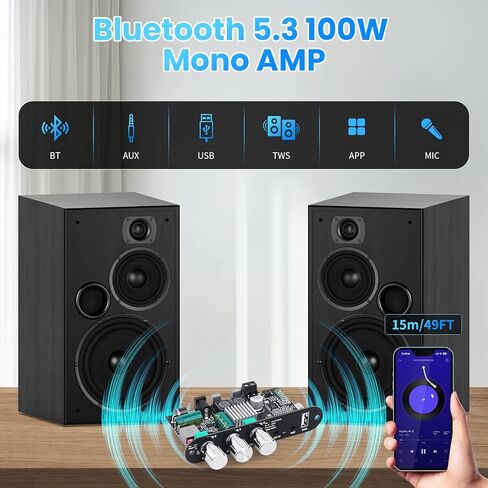 2 Pack ZK-1001U Bluetooth 5.3 Mono Amplifier Board مع دائرة TWS و BOOST ، AMP MINI AMP لمكبرات صوت DIY في الهواء الطلق مع مخرجات طاقة 100W ، TREBLE و BASS ، USB/AUX/BT INPUT ، DC 9-24V in Kuwait