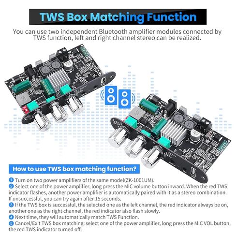 2 Pack ZK-1001U Bluetooth 5.3 Mono Amplifier Board مع دائرة TWS و BOOST ، AMP MINI AMP لمكبرات صوت DIY في الهواء الطلق مع مخرجات طاقة 100W ، TREBLE و BASS ، USB/AUX/BT INPUT ، DC 9-24V in Kuwait