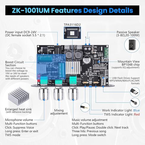 2 Pack ZK-1001U Bluetooth 5.3 Mono Amplifier Board مع دائرة TWS و BOOST ، AMP MINI AMP لمكبرات صوت DIY في الهواء الطلق مع مخرجات طاقة 100W ، TREBLE و BASS ، USB/AUX/BT INPUT ، DC 9-24V in Kuwait