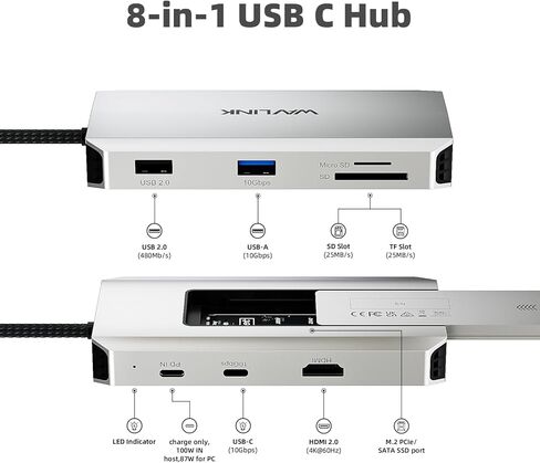 WAVLINK 8 in 1 USB C Hub with M.2 NVMe/SATA SSD Enclosure 10Gbps, 4K HDMI, USB-C/A 10Gb, 100W PD, Aluminum Alloy USB C SSD Enclosure for M.2 NVMe SATA SSD forM1/M2/M3/M4 macOS Systems in Saudi Arabia