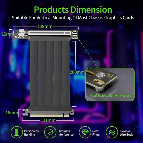 Neuonn PCi-E 4.0 Riser Cable 20cm ، PCIe 4.0 X16 High Speed ​​Sextender Card Extension Port 90 درجة محول 4.0 كابل Riser GPU متوافق مع RTX4090 ، RTX4080 ، RX7900XTX (أسود) in Kuwait