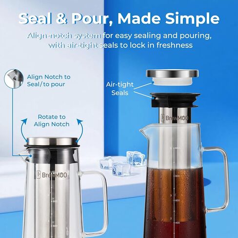 Brewmoo- Airtight Cold Brew Coffee Maker Pitcher ، 1.4l/48oz قافاة زجاجية سميكة مع مرشح ، مقبض متين الراحة وربوبة واسعة ، قاعدة غير قائلة | صانع الشاي المثلج (أسود) in Kuwait