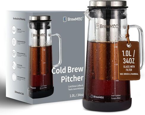 Brewmoo- Airtight Cold Brew Coffee Maker Pitcher ، 1.4l/48oz قافاة زجاجية سميكة مع مرشح ، مقبض متين الراحة وربوبة واسعة ، قاعدة غير قائلة | صانع الشاي المثلج (أسود) in Kuwait