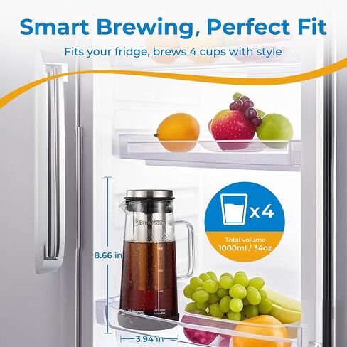 Brewmoo- Airtight Cold Brew Coffee Maker Pitcher ، 1.4l/48oz قافاة زجاجية سميكة مع مرشح ، مقبض متين الراحة وربوبة واسعة ، قاعدة غير قائلة | صانع الشاي المثلج (أسود) in Kuwait