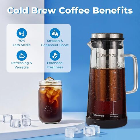 Brewmoo- Airtight Cold Brew Coffee Maker Pitcher ، 1.4l/48oz قافاة زجاجية سميكة مع مرشح ، مقبض متين الراحة وربوبة واسعة ، قاعدة غير قائلة | صانع الشاي المثلج (أسود) in Kuwait