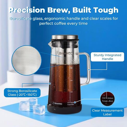Brewmoo- Airtight Cold Brew Coffee Maker Pitcher ، 1.4l/48oz قافاة زجاجية سميكة مع مرشح ، مقبض متين الراحة وربوبة واسعة ، قاعدة غير قائلة | صانع الشاي المثلج (أسود) in Kuwait