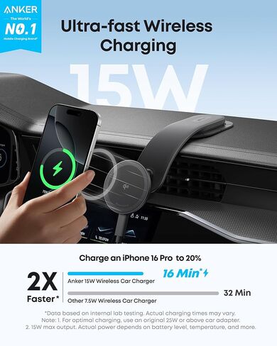 Anker Nano Magnetic Wireless Car Charger, 360° Adjustable Mount Car Charger with Detachable Pad, 15W Qi2 Certified with Alloy Bracket, Fast Charging for iPhone 16/15/14/13/12 Series (Adapter Included) in Saudi Arabia