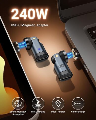 MoKo USB C Magnetic Adapter 240W (2Pack) - 9 Pin Magnetic Type-C Adaptor with 180° 360° Rotating, Right Angle USB C 90 Degree Adapter for iPhone 16/15 Series, MacBook/iPad, Galaxy, Switch 2, Gray in Saudi Arabia