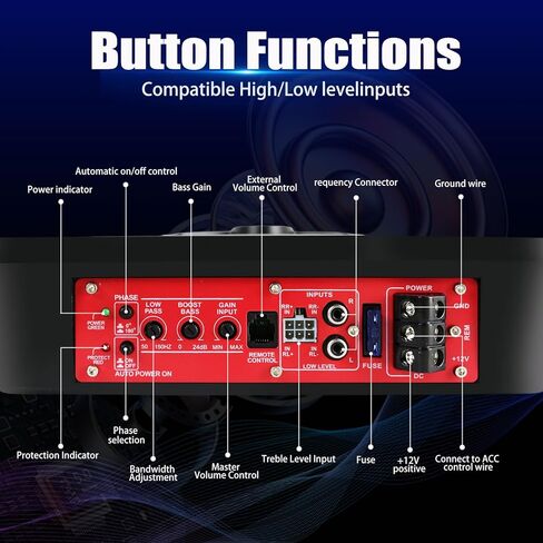 1000 واط ضئيلة تحت مقعد مضخم صوت مدعوم للسيارات ، SUB AUDIO SUB بنيت في مكبر صوت AMP ، مع أنبوب باس LED LED Blue LED (الأسلاك السريعة) in Kuwait