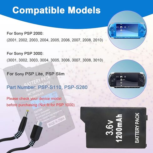 for Sony PSP 2000 3000 Battery: 2PCS 3.6V 1200mAh PSP-S110 Replacement Battery Pack Compatible with Sony Playstation PSP 2000/3000 2001 3001 Slim Lite S110 Game Console with USB Charger Cable in Kuwait
